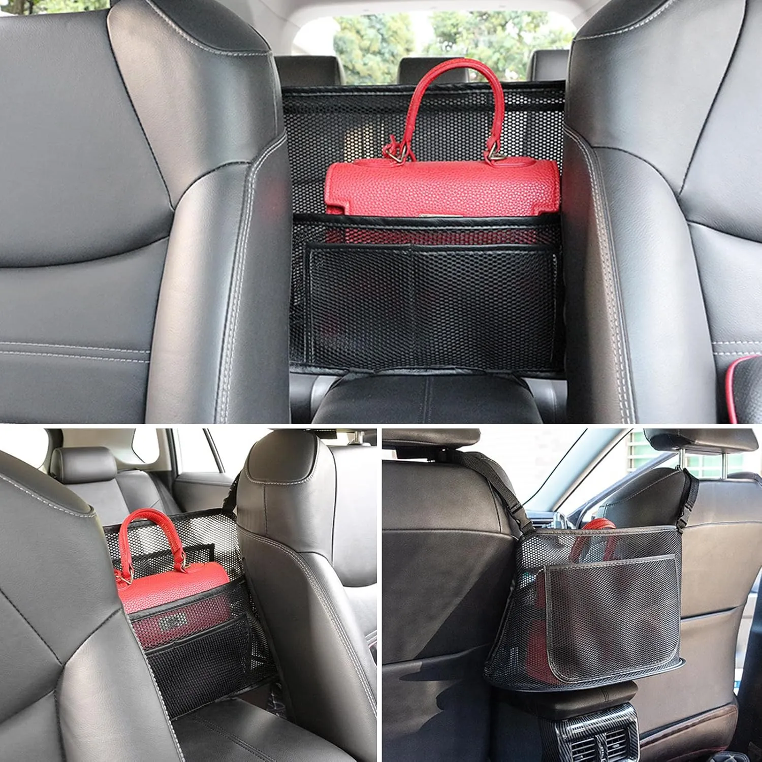 1 PC Car Pocket Barrier Protection, Large Capacity Storage Pouch, Car Net Pocket Handbag Holder, Barrier of Backseat Pet Kids, for Purse, Phone, Documents, Key (Black #4 Pockets)