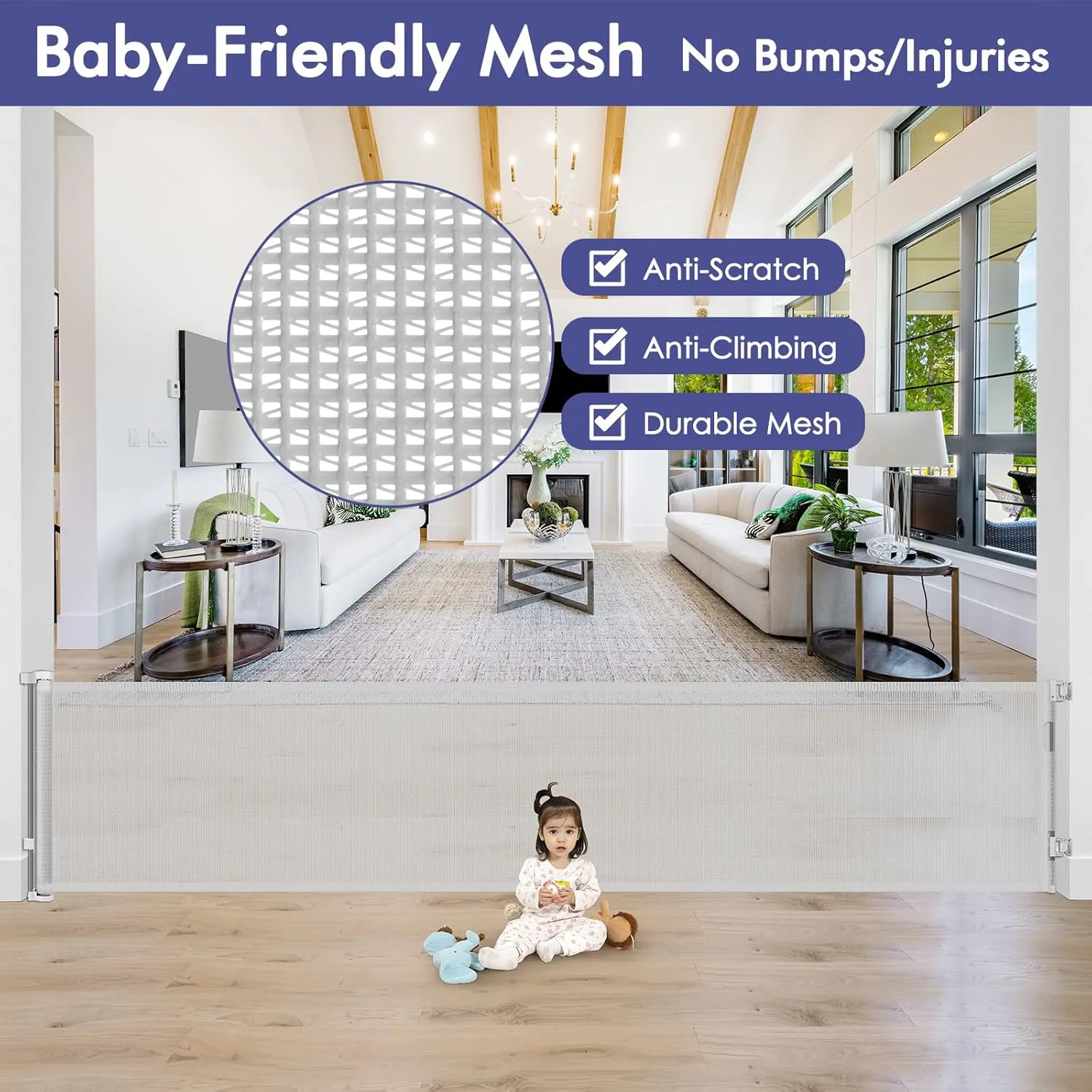 140 Inch Extra Long Baby Gate Retractable Dog Gate Outdoor Retractable Gate Indoor Retractable Baby Gate for Extra Wide Openings Retractable Pet Gate Retractable Fence for Doorways, Decks, Light Gray