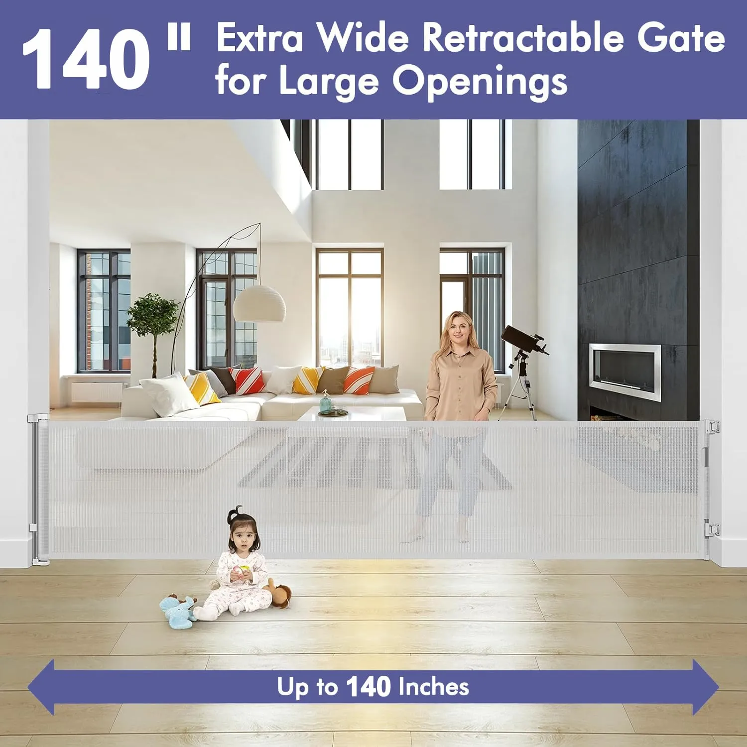 140 Inch Extra Long Baby Gate Retractable Dog Gate Outdoor Retractable Gate Indoor Retractable Baby Gate for Extra Wide Openings Retractable Pet Gate Retractable Fence for Doorways, Decks, Light Gray
