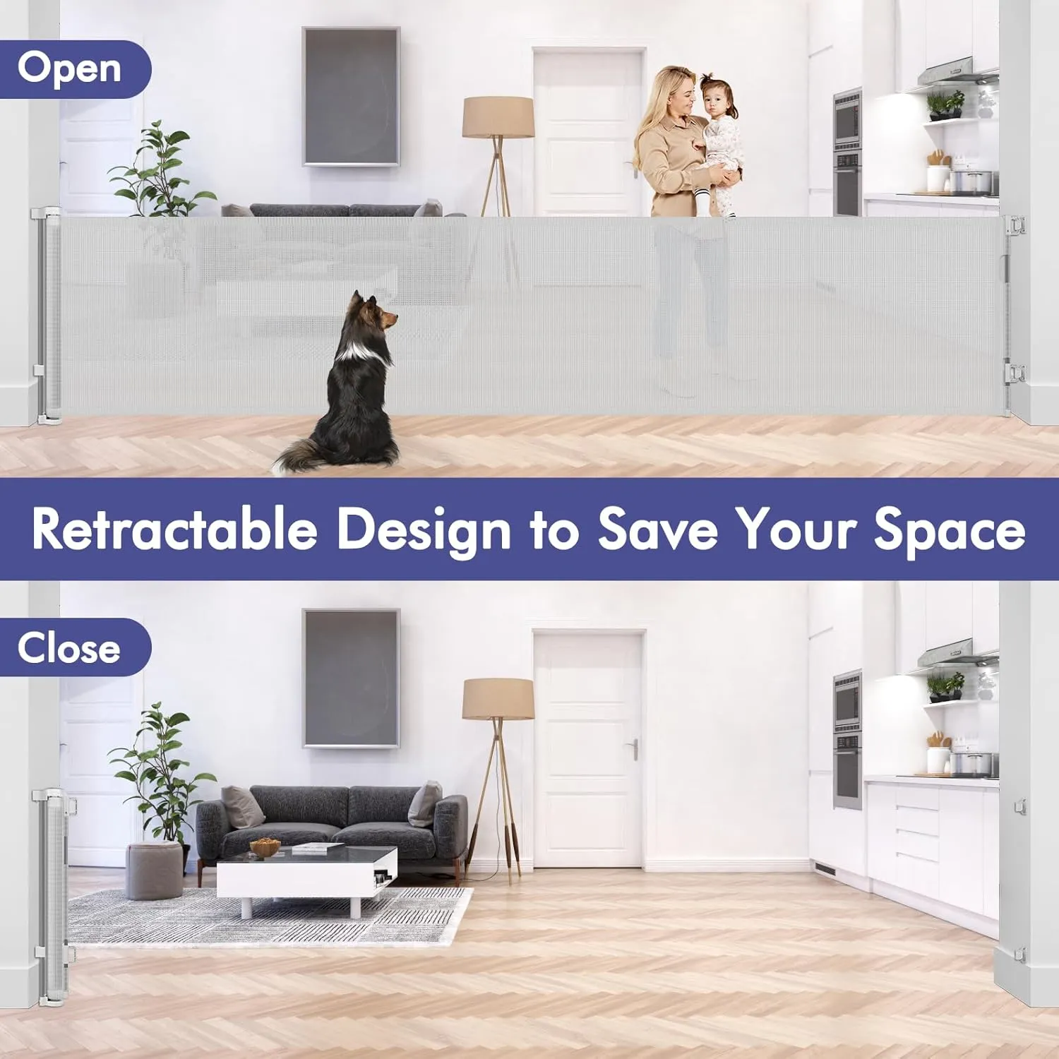 140 Inch Extra Long Baby Gate Retractable Dog Gate Outdoor Retractable Gate Indoor Retractable Baby Gate for Extra Wide Openings Retractable Pet Gate Retractable Fence for Doorways, Decks, Light Gray