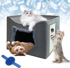 2-in-1 Cat House with Scratch Pad, Cat Hideaway for Indoor Cats, Cat Bed for Summer, Modern Cat Furniture for Small to Medium Pets, Easy Assembly & Portable