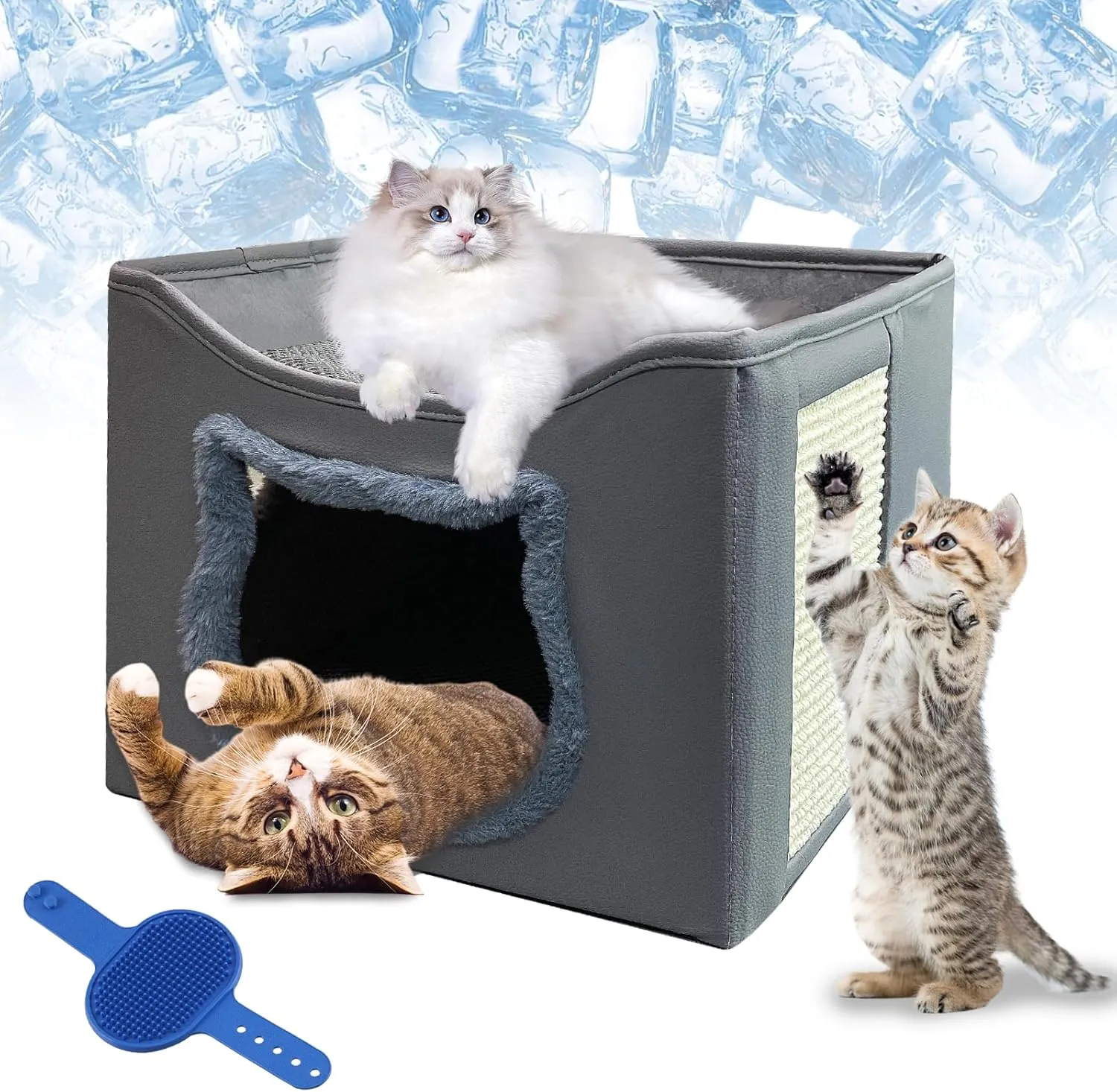 2-in-1 Cat House with Scratch Pad, Cat Hideaway for Indoor Cats, Cat Bed for Summer, Modern Cat Furniture for Small to Medium Pets, Easy Assembly & Portable