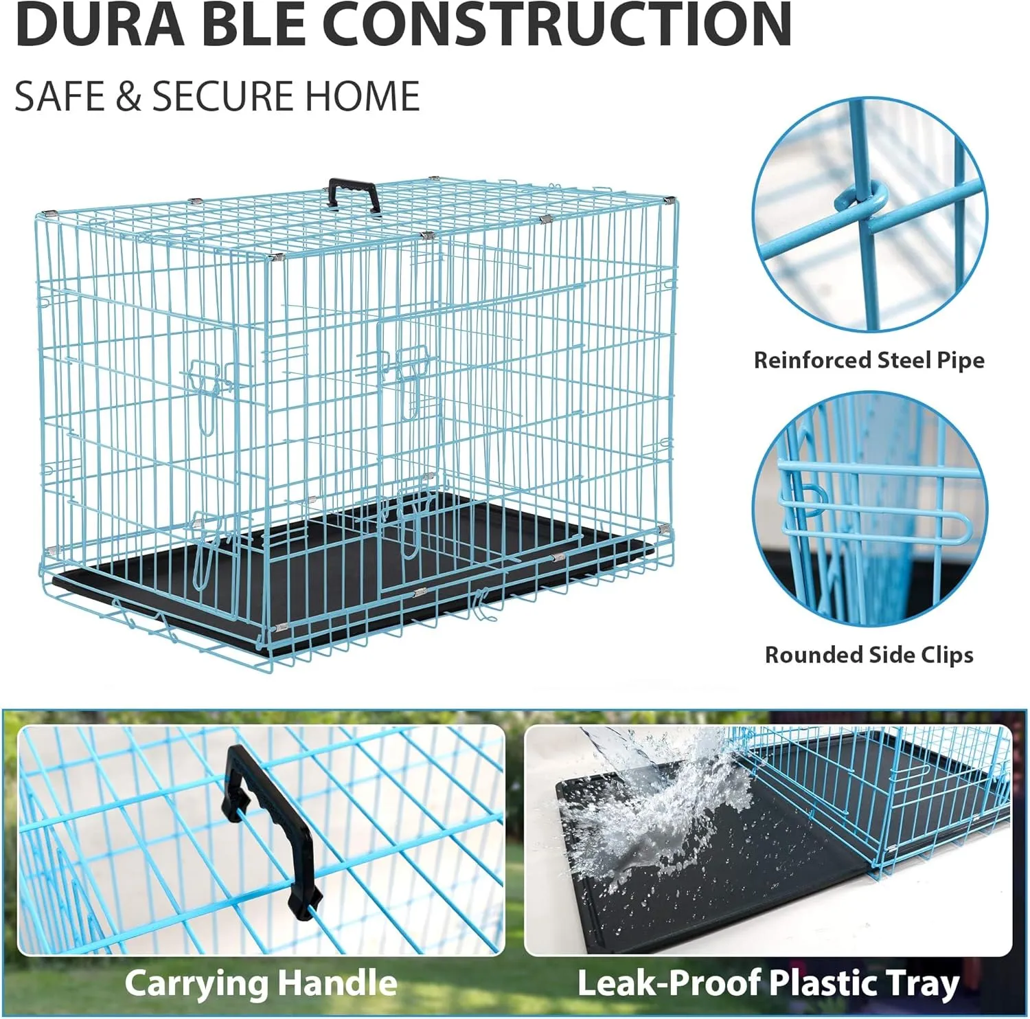 30 Inch Dog Crate,Puppy Crates for Small Dogs Folding Metal Wire Dog Cage for Medium Dogs Dog Crate with Double-Door/Tray/Handle Dog Kennel Outdoor/Indoor Pet Crates for Small Medium Dogs(Blue)
