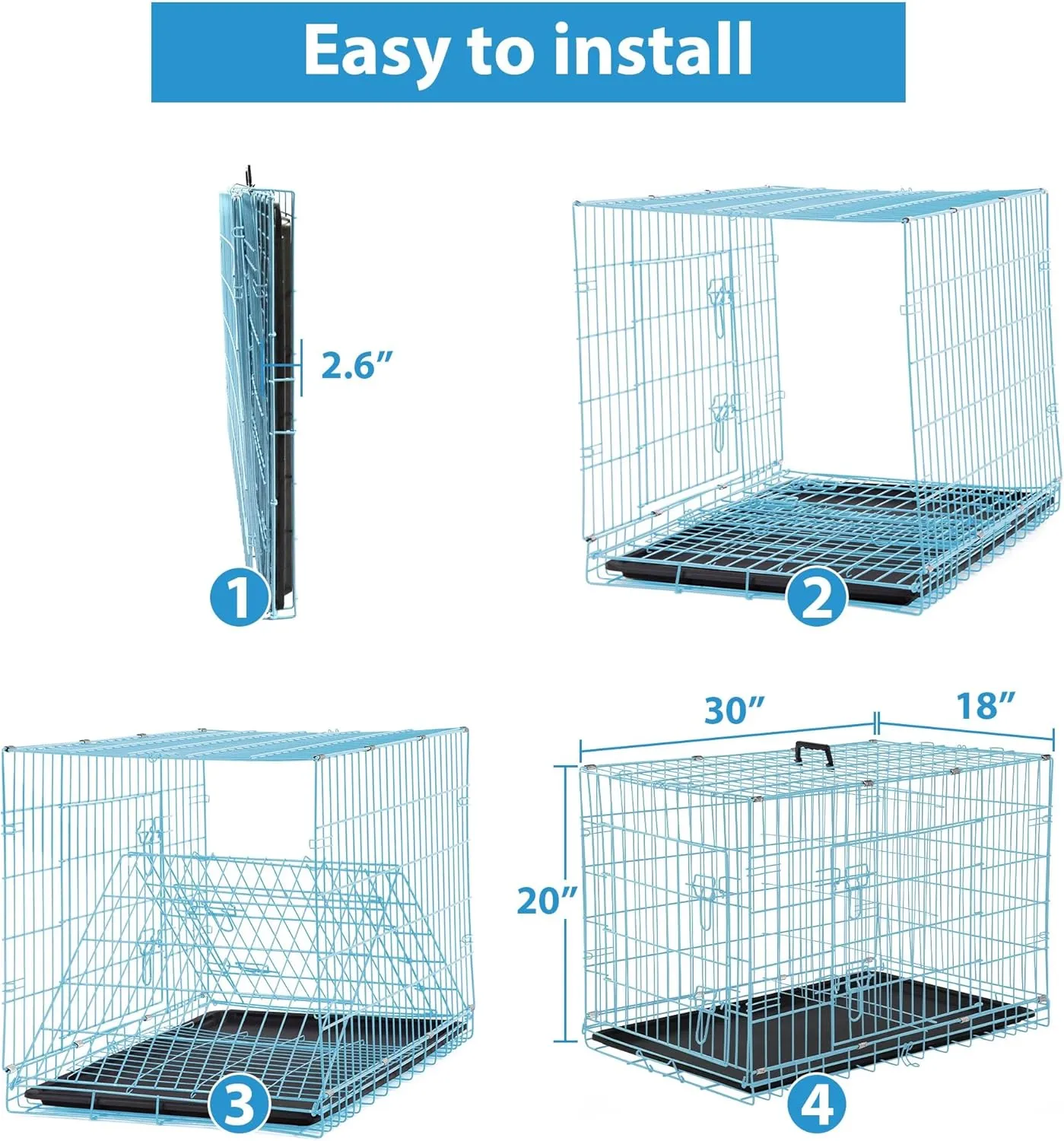 30 Inch Dog Crate,Puppy Crates for Small Dogs Folding Metal Wire Dog Cage for Medium Dogs Dog Crate with Double-Door/Tray/Handle Dog Kennel Outdoor/Indoor Pet Crates for Small Medium Dogs(Blue)
