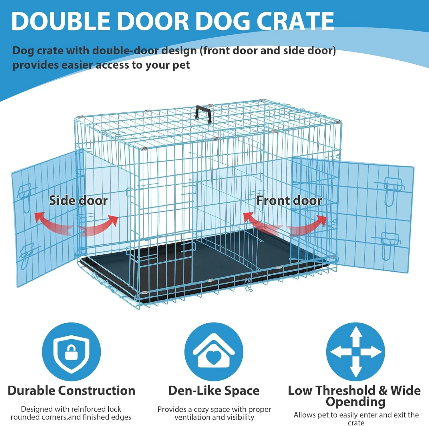 30 Inch Dog Crate,Puppy Crates for Small Dogs Folding Metal Wire Dog Cage for Medium Dogs Dog Crate with Double-Door/Tray/Handle Dog Kennel Outdoor/Indoor Pet Crates for Small Medium Dogs(Blue)