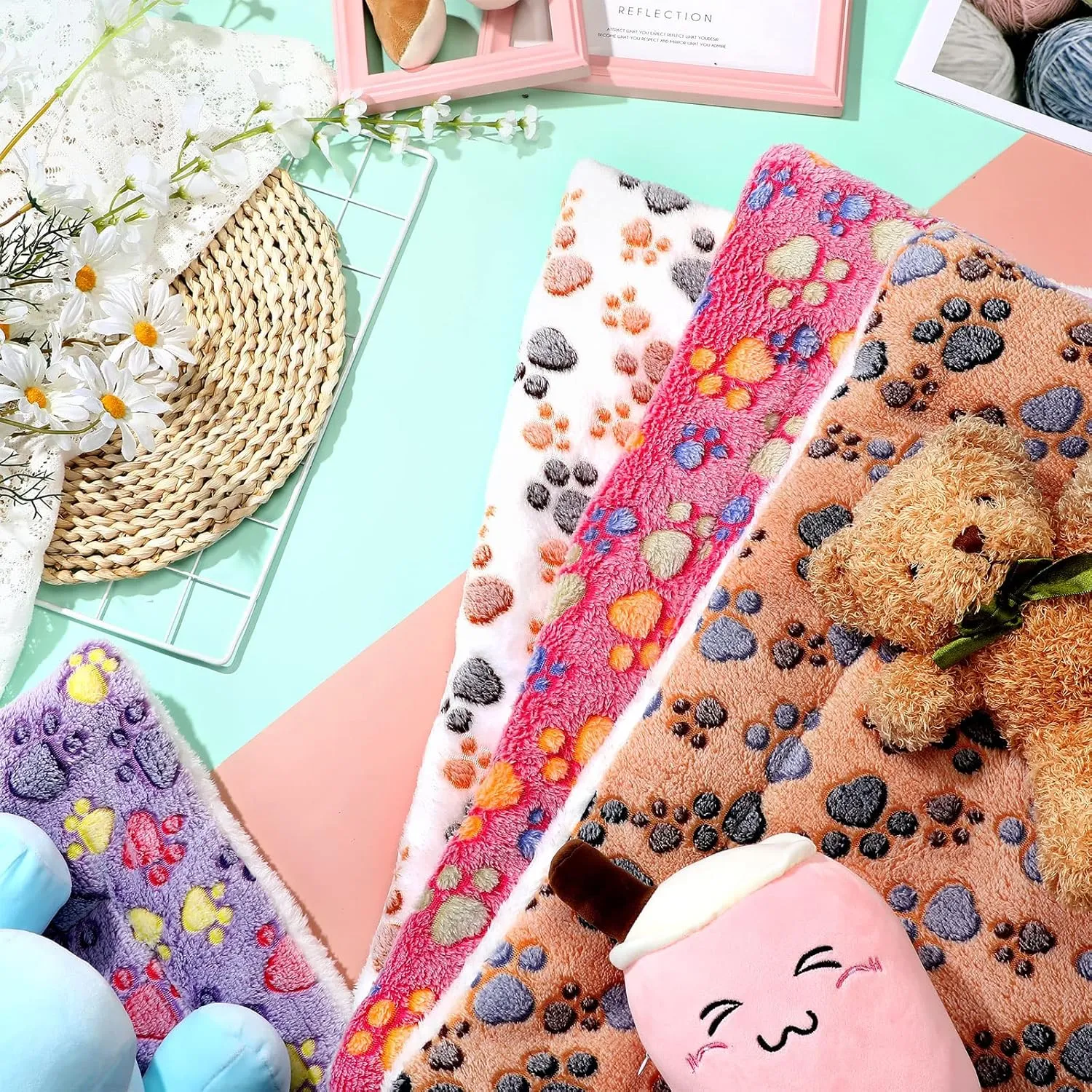 4 Pack Ultra Soft Dog Cat Bed Mat with Cute Prints Reversible Fleece Dog Crate Kennel Pad Cozy Washable Thickened Hamster Guinea Pig Pet Bed Mat for Small Animals(23 x 18 Inches,Vivid Color)