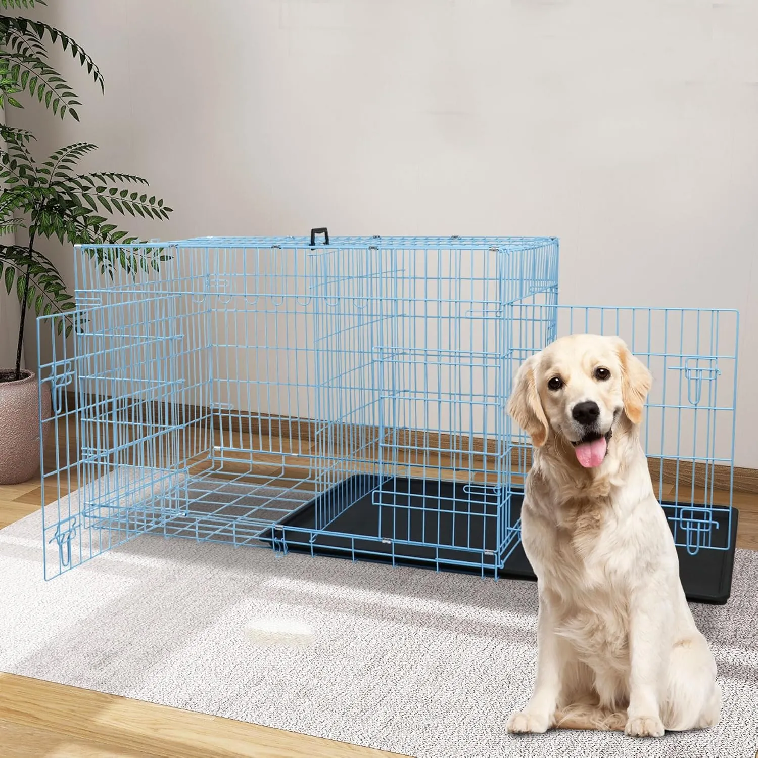 42 Inch Dog Crates for Large Dogs,Dog Cage Medium Sized Dog,Portable Dog Kennel Furniture Dog Crate,Outdoor and Indoor Pet Dog Cage Crate with Double-Door and Divider Panel,42" L x 27" W x 30" H Blue