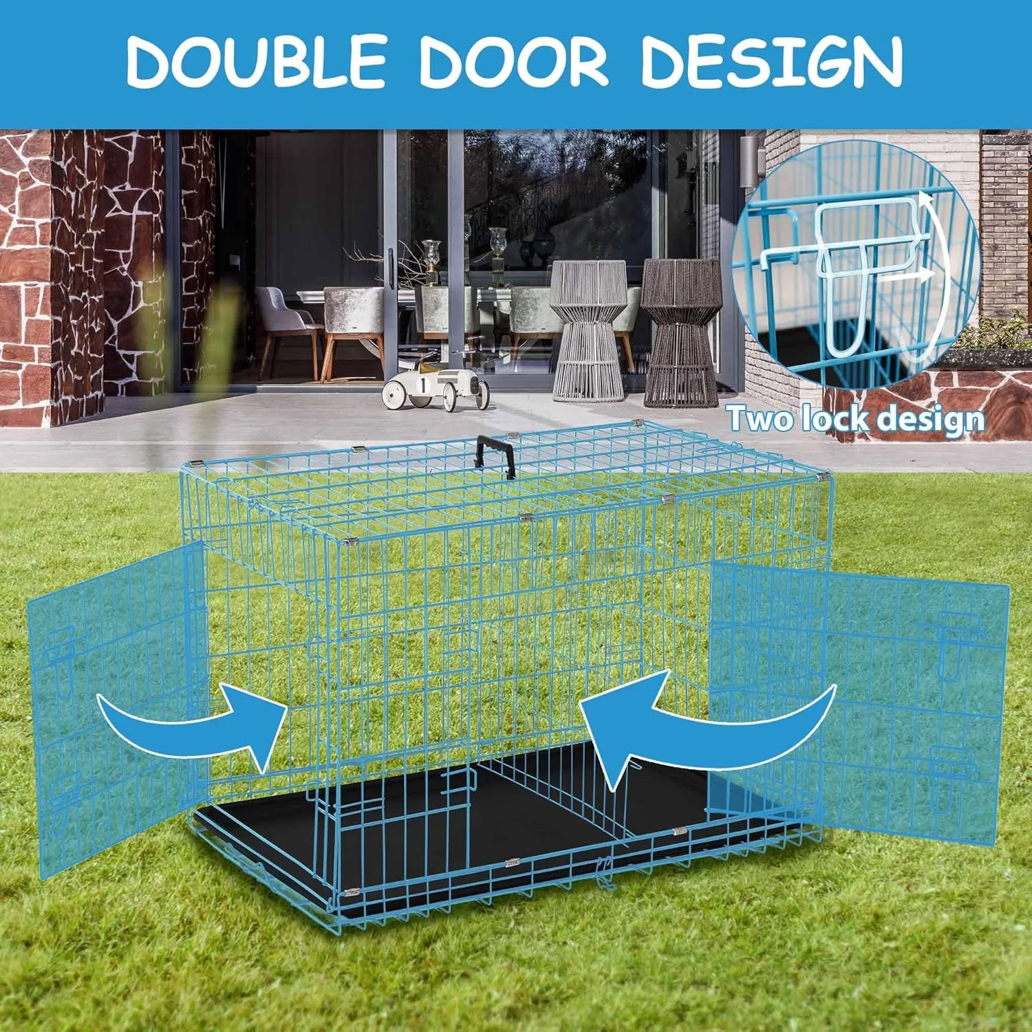 42 Inch Dog Crates for Large Dogs,Dog Cage Medium Sized Dog,Portable Dog Kennel Furniture Dog Crate,Outdoor and Indoor Pet Dog Cage Crate with Double-Door and Divider Panel,42" L x 27" W x 30" H Blue