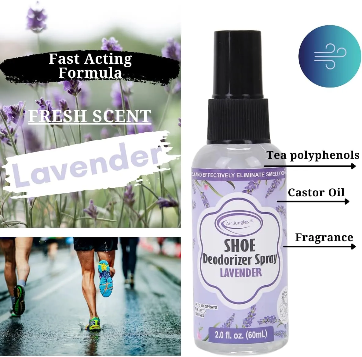 Air Jungles Shoe Deodorizer Spray, Lavender Scent, Shoe Odor Smell Eliminator for Sneaker, Boot and Locker, Gym Bag Deodorizer, Freshener for Stinky Shoes