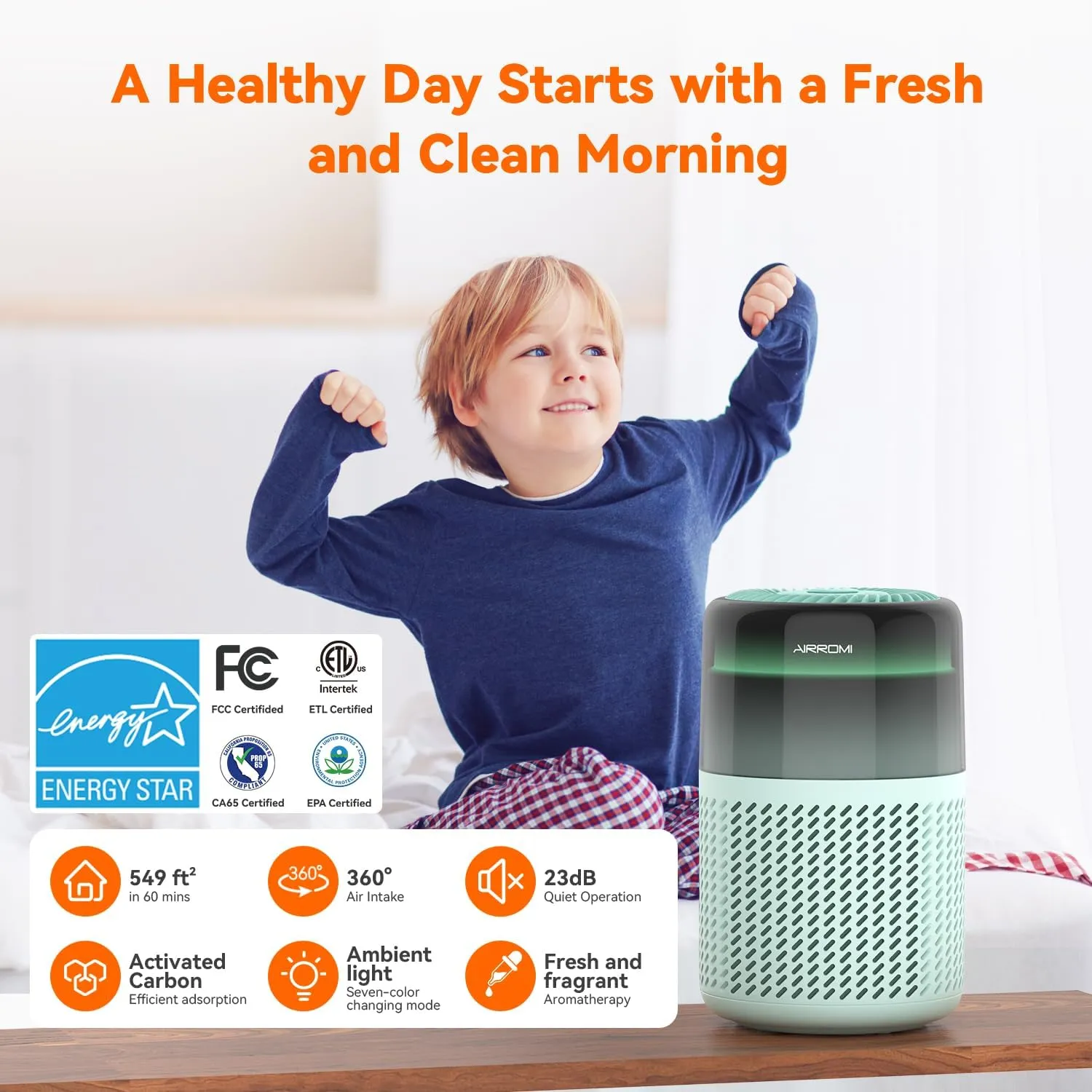 AIRROMI Air Purifier for Bedroom Home,HEPA Filter,Covers Upto 549 Ft,Quiet 360intake Air Cleaner with Fragrance ponge for Better Sleep,Night Light,Filters Smoke,Pet Dander,Allergies,Dust,A2005Turquo