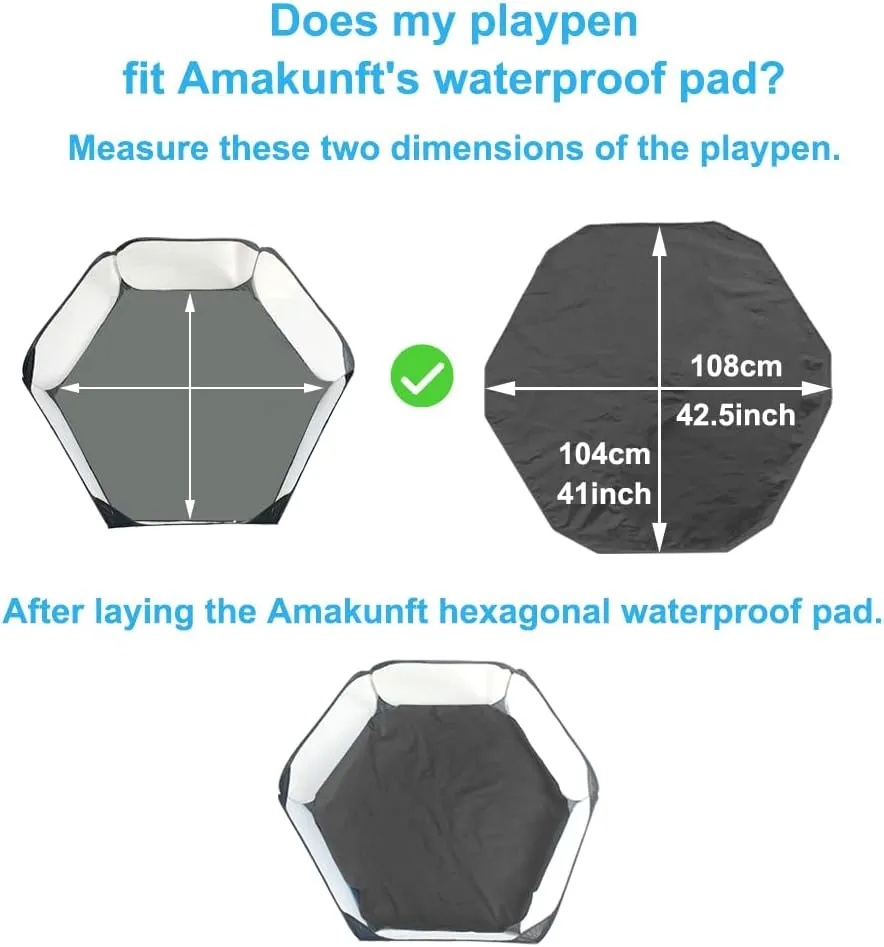 Amakunft Waterproof Hexagon Playpen Mat Washable Pee Pad Fit with Small Animal Playpen (42.5in x 41in) Reusable Pet Bedding Liner for Guinea Pig, Rabbit, Hamster, Chinchilla, Hedgehog Indoor/Outdoor