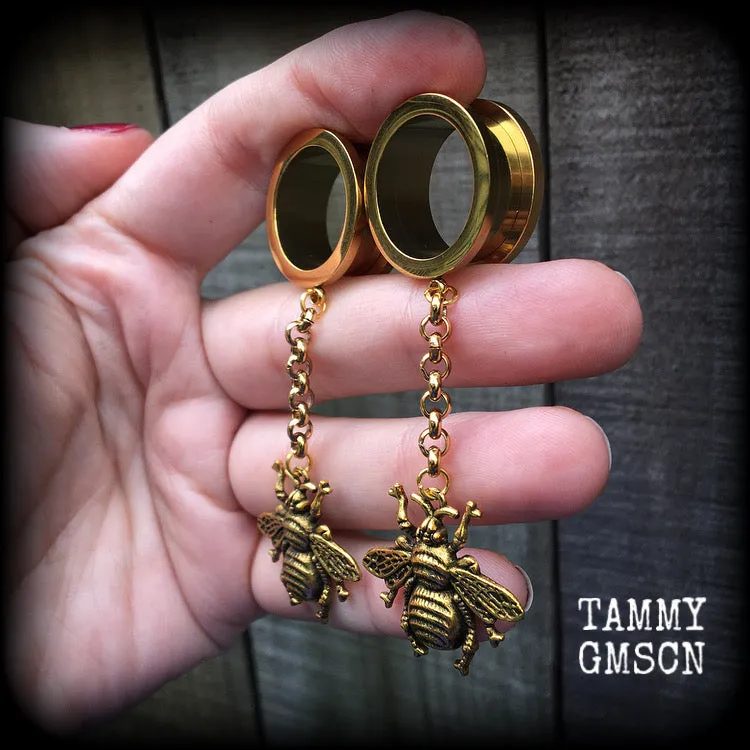 Antique gold bee tunnel dangles-Insect ear gauges