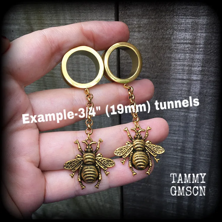 Antique gold bee tunnel dangles-Insect ear gauges