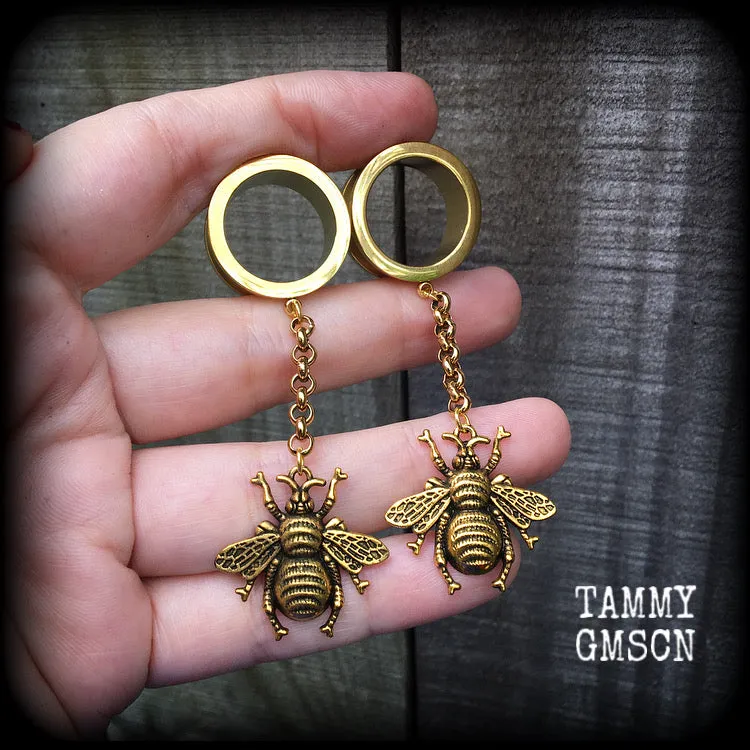 Antique gold bee tunnel dangles-Insect ear gauges