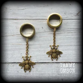 Antique gold bee tunnel dangles-Insect ear gauges