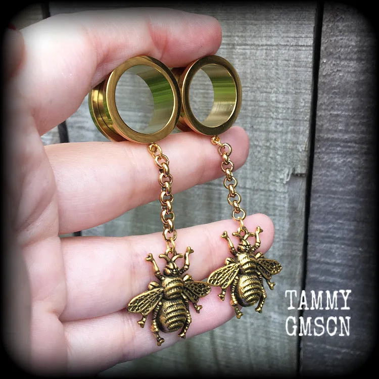 Antique gold bee tunnel dangles-Insect ear gauges