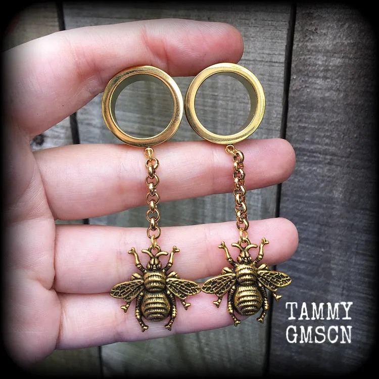 Antique gold bee tunnel dangles-Insect ear gauges