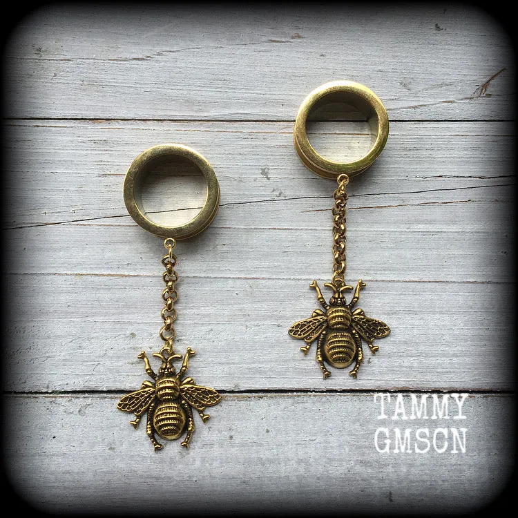 Antique gold bee tunnel dangles-Insect ear gauges