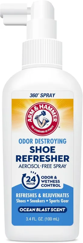 Arm & Hammer Shoe Refresher Spray, Odor Eliminator for Sneakers, 24 Odor & Wetness Control, Aerosol-Free Shoe Deodorizer Spray, Ocean Blast Scent, 3.4 oz