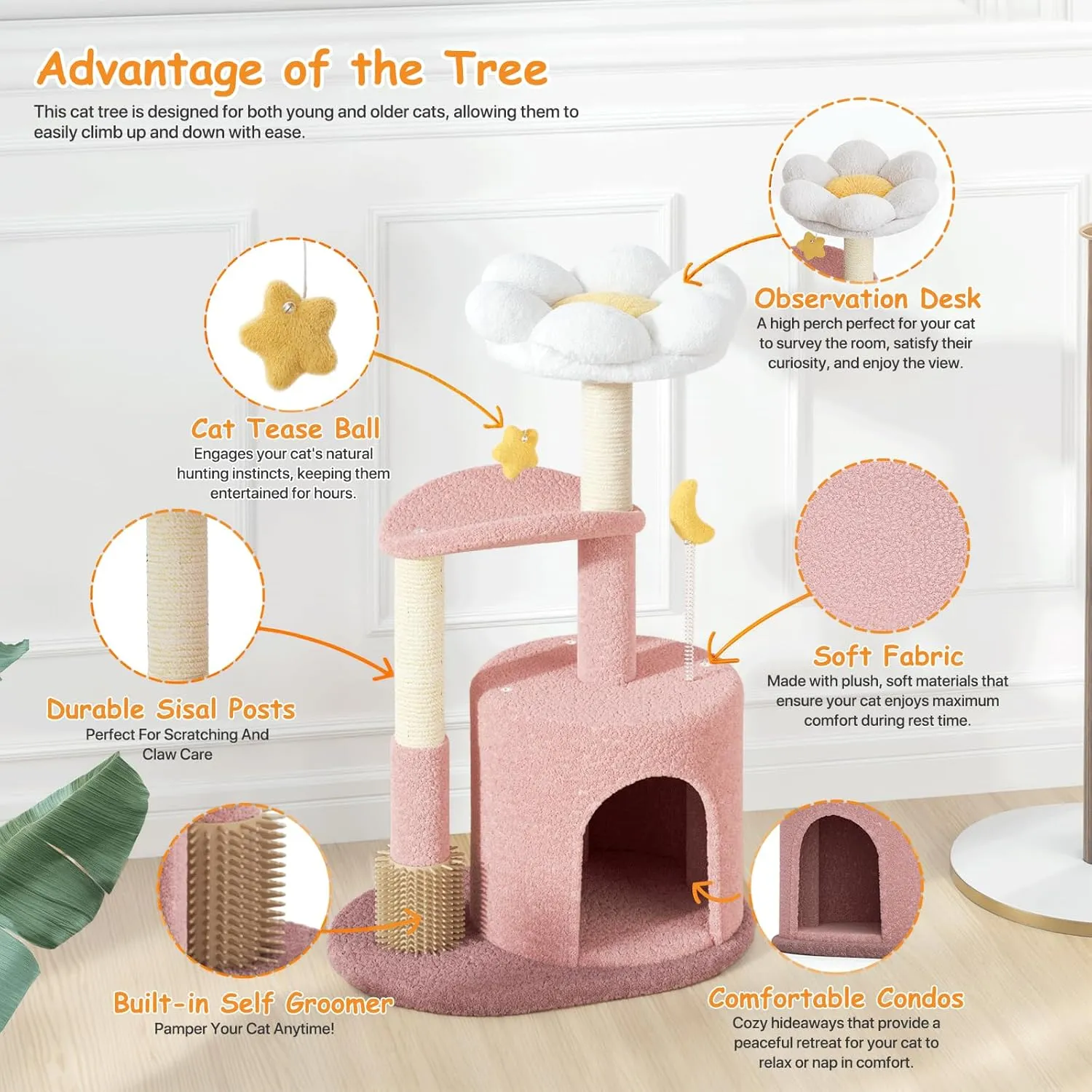 Athena Collection Small Cat Tree Condo with Sisal Scratching Post, 33 Inch Modern Cute Flower Cat Tree Tower with Cozy Perch Toy Ball for Indoor, Kittens, Pink