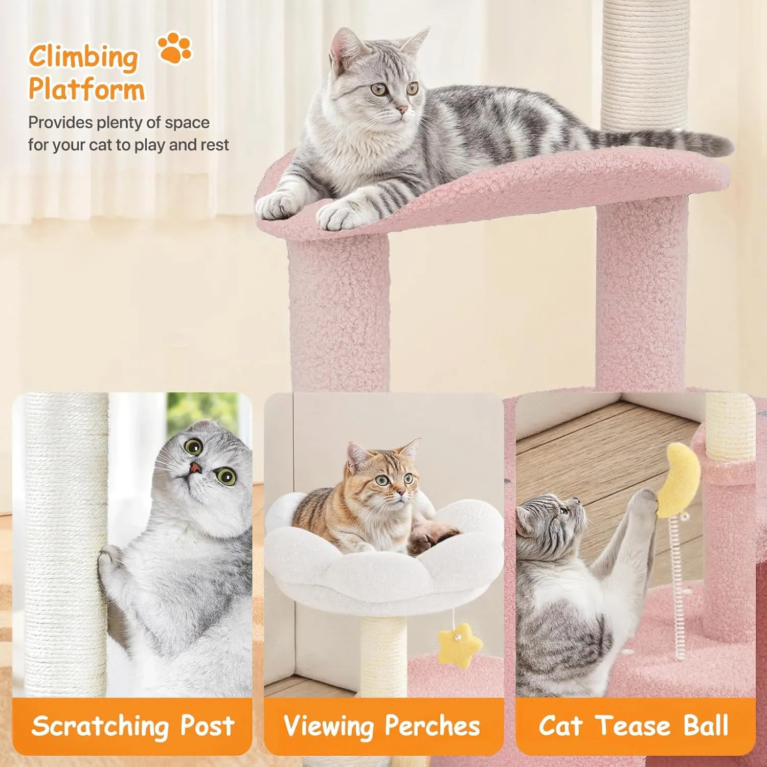 Athena Collection Small Cat Tree Condo with Sisal Scratching Post, 33 Inch Modern Cute Flower Cat Tree Tower with Cozy Perch Toy Ball for Indoor, Kittens, Pink