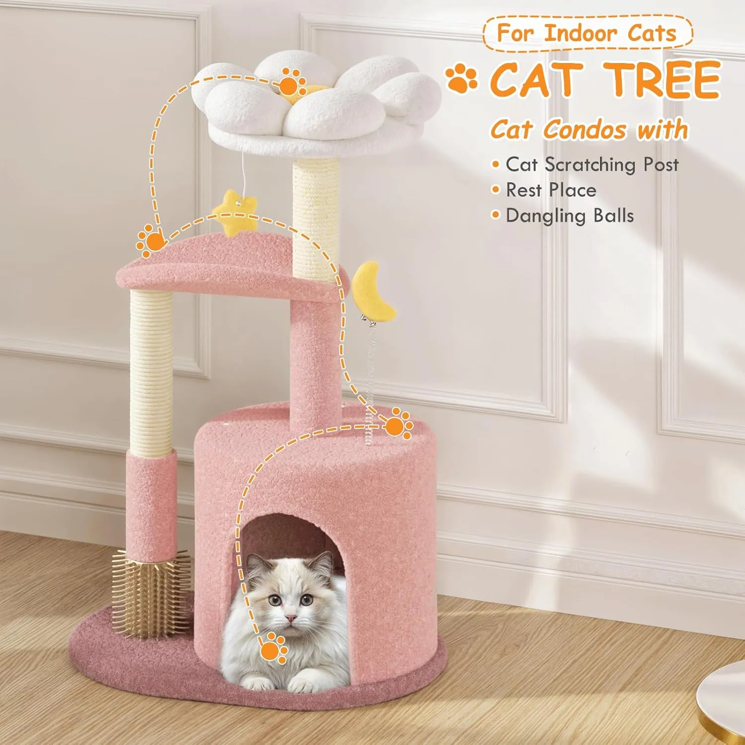 Athena Collection Small Cat Tree Condo with Sisal Scratching Post, 33 Inch Modern Cute Flower Cat Tree Tower with Cozy Perch Toy Ball for Indoor, Kittens, Pink