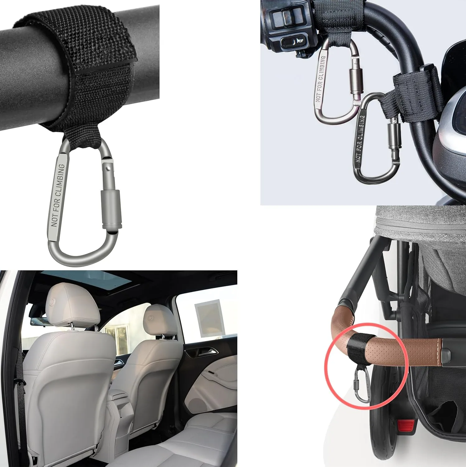 Baby Stroller Hook, Carry 30 lbs per Stroller Carabiner Clip, Adjustable Baby Stroller & Car Seat Hook for Hanging Diaper Bag, Wheelchair, Golf cart, Shopping and Pet Cart(2 Pcs Black)