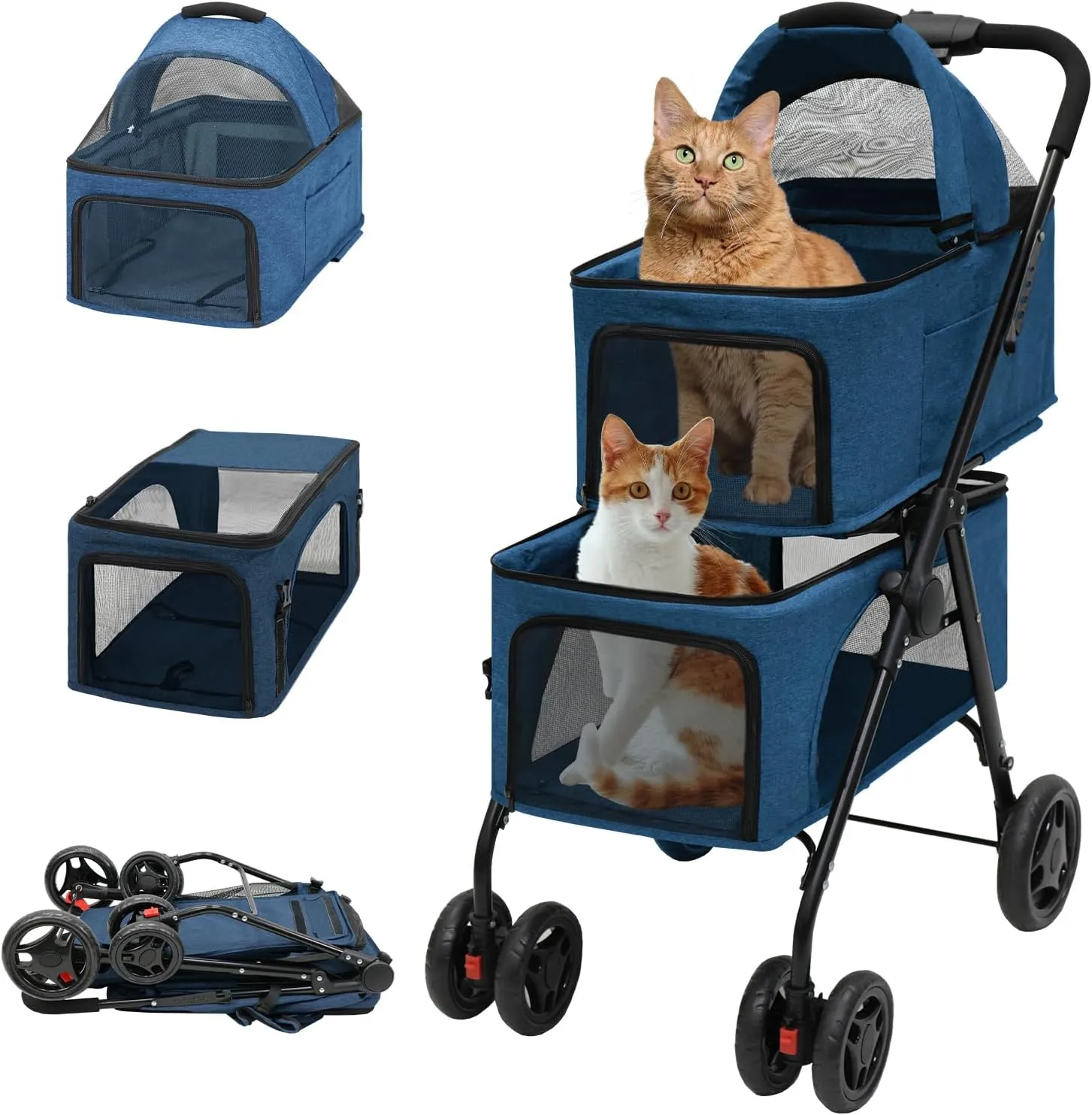 BDL Double Dog Stroller for 2 Dogs/Cats - Folding 4-Wheel Pet Stroller With Removable Travel Carrier for Small/Medium Pets (Blue)