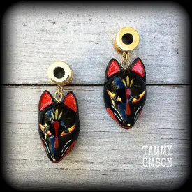 Black kitsune tunnel earrings-Japanese earrings