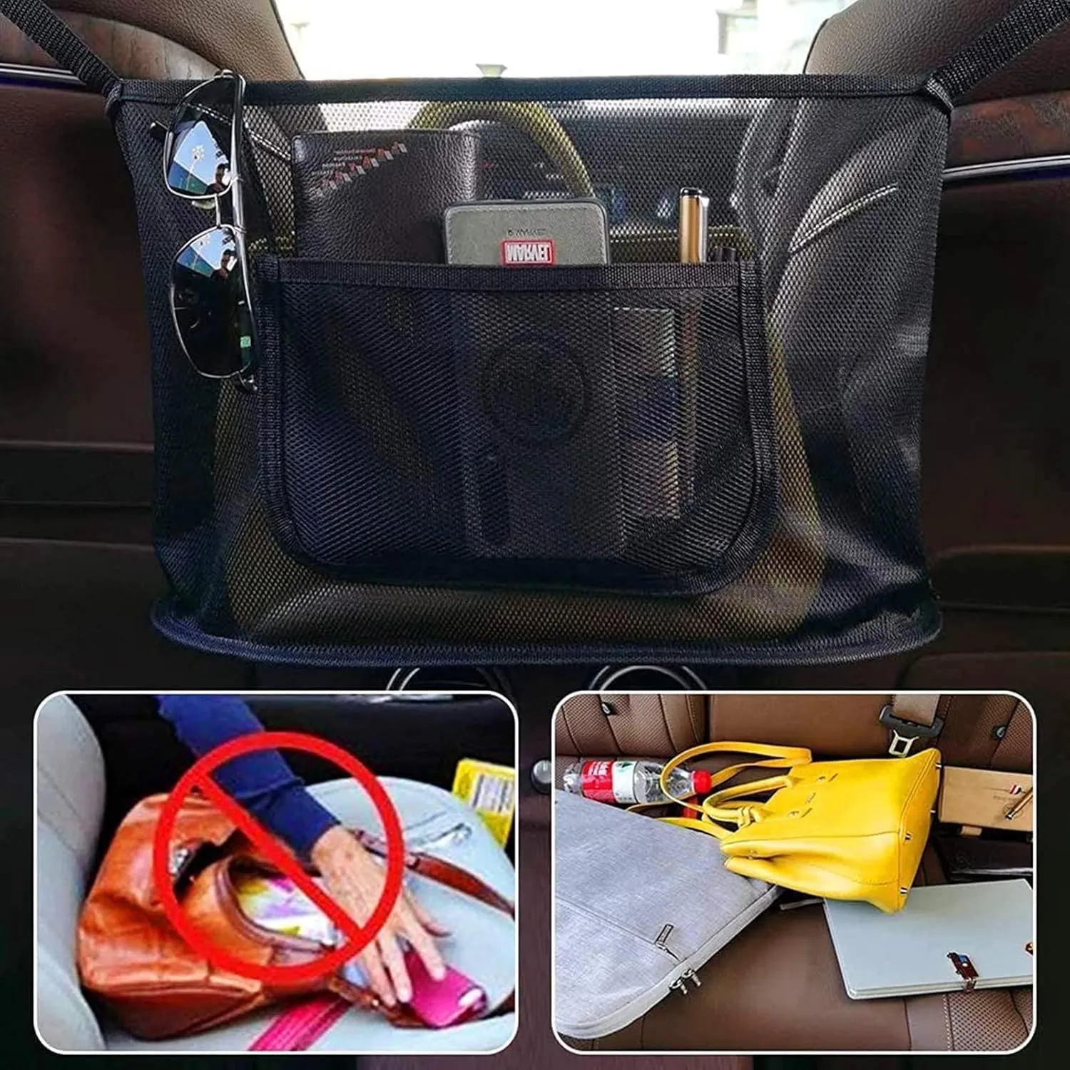 Car Net Pocket Handbag Holder Between Seats Back Storage Organizer Purse Holder for Console Front Seat Storage Barrier (Black)