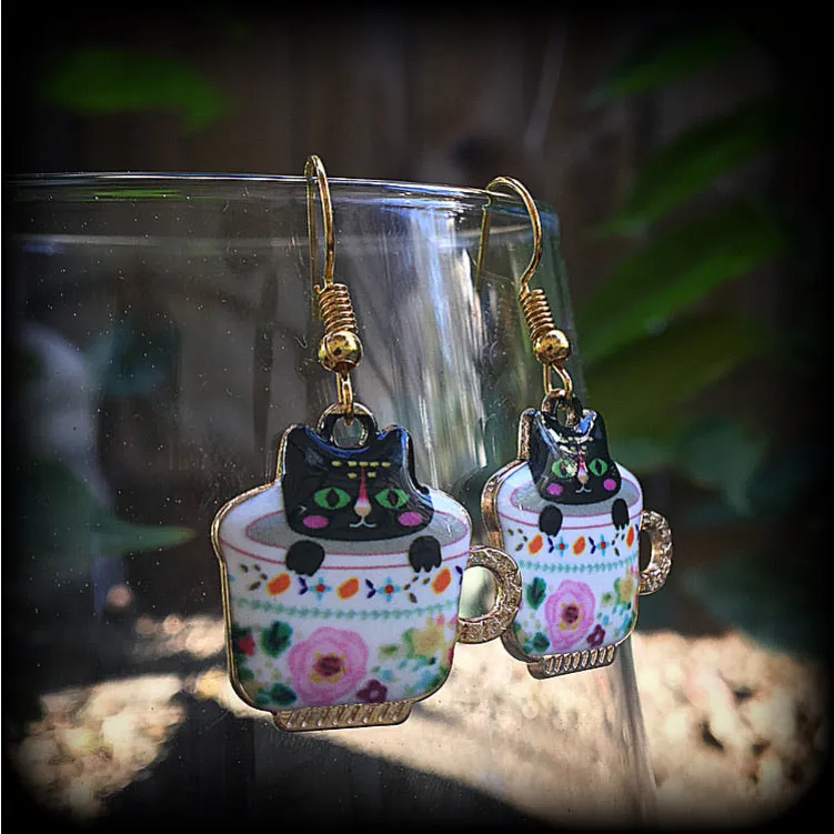 Cat earrings-Teacup folk art earrings