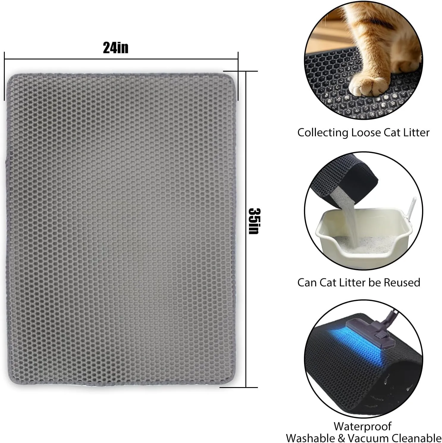 Cat Litter Box Mat Double Layer Trapping Mat Easy-Clean Waterproof Urine Proof(Gray 35x24in)