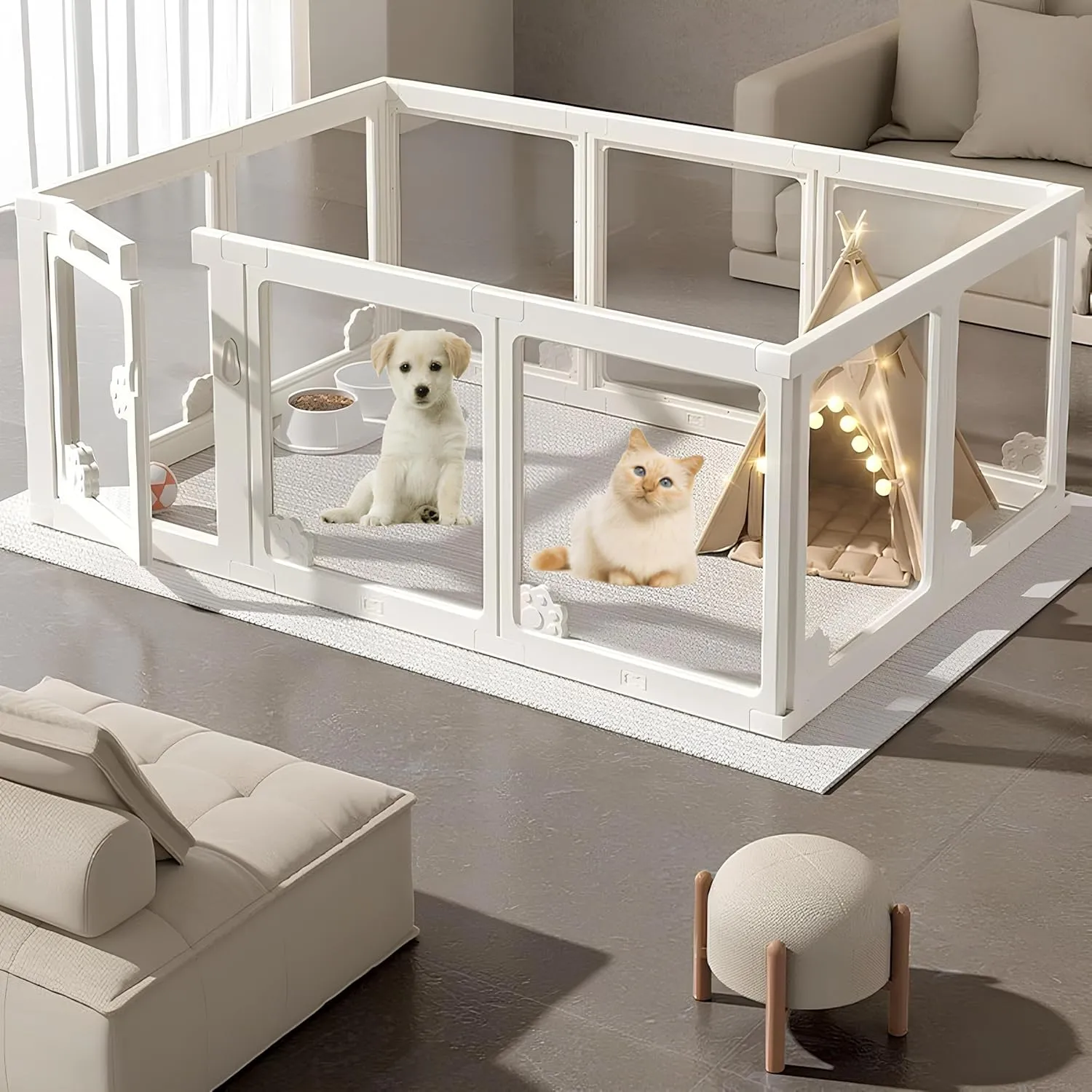 Clear Acrylic Dog Playpen  Indoor Outdoor Foldable Pet Fence for Puppies, S/M Dogs, Cats, Rabbits, Ferrets  Transparent Kennel, Portable, Easy Assembly, Compact, Durable, 360 View, Easy Clean
