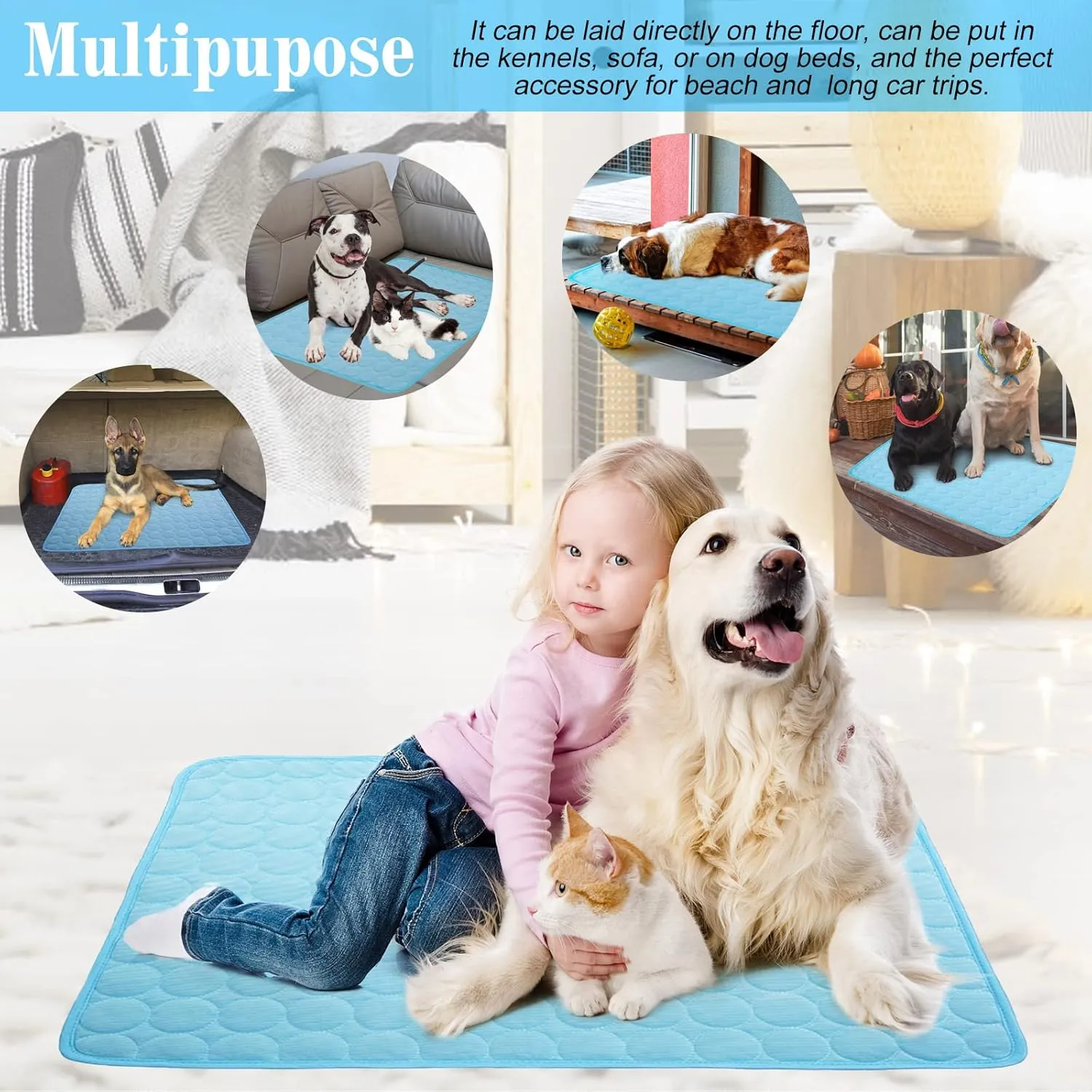 Dog Cooling Mat Washable Ice Silk Cooling Mat for Dogs Waterproof Bottom Summer Sleeping Pad Self Cooling Pad Blanket for Pets (40x28 in, Light Blue)