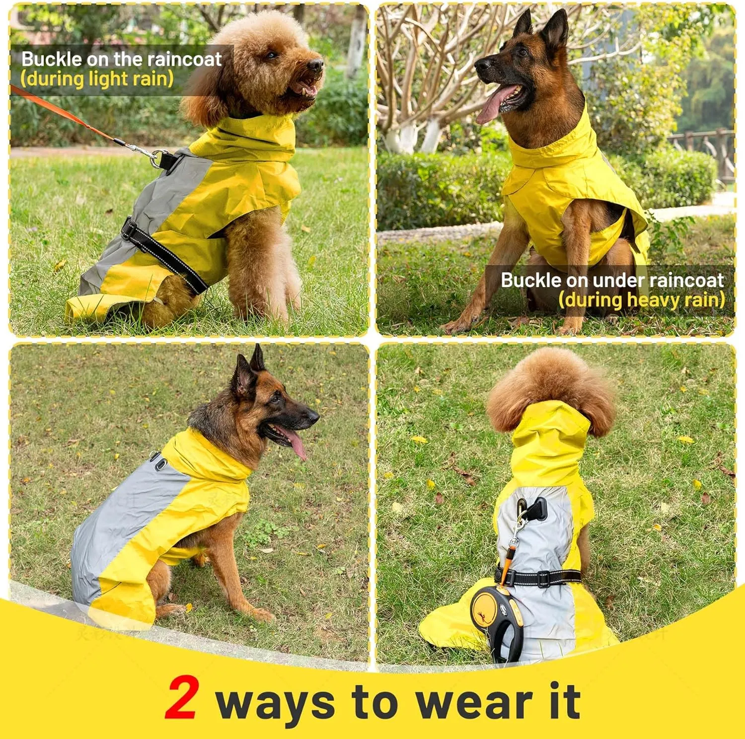 Dog Raincoat with Harness Built in,Outdoor Waterproof Puppy Rain Jacket for Small Dogs,Adjustable Waist by Strap Doggie Rain Coats,Yellow XS