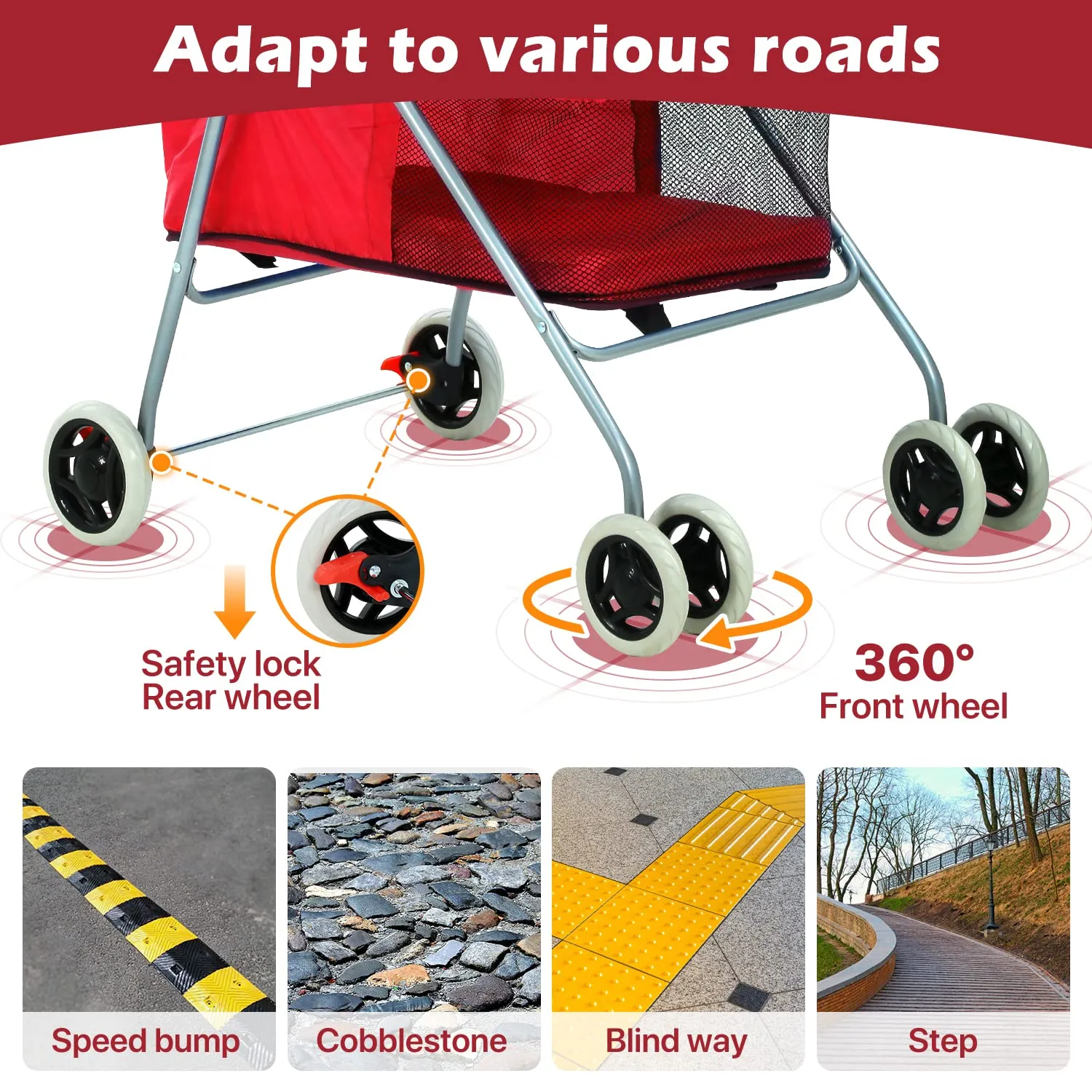 Dog Stroller Pet Stroller Cat Stroller Jogger Folding Travel Carrier 4 Wheels Puppy Kitten Cage with Cup Holder 35 Pound Capacity Doggie Stroller for Small Medium Dogs Cats, Red