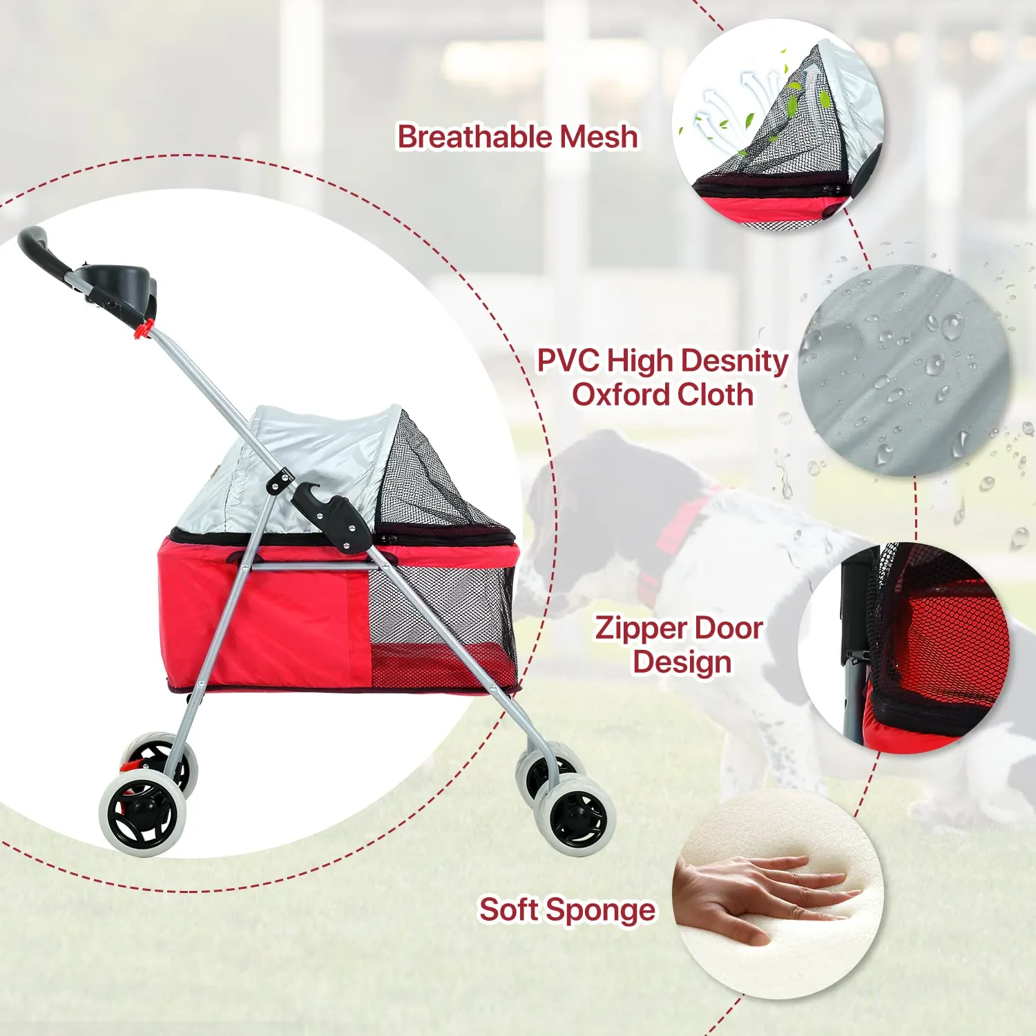 Dog Stroller Pet Stroller Cat Stroller Jogger Folding Travel Carrier 4 Wheels Puppy Kitten Cage with Cup Holder 35 Pound Capacity Doggie Stroller for Small Medium Dogs Cats, Red