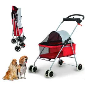 Dog Stroller Pet Stroller Cat Stroller Jogger Folding Travel Carrier 4 Wheels Puppy Kitten Cage with Cup Holder 35 Pound Capacity Doggie Stroller for Small Medium Dogs Cats, Red