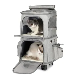 Double-Layer Dog Pram Cat Strollers for 2 Cats, Pet/Cat/Dog Travel Carrier with Wheels Portable Outdoor Bag, Pet Pushchair Folding Soft Sided Carriage for Puppy, Rabbits