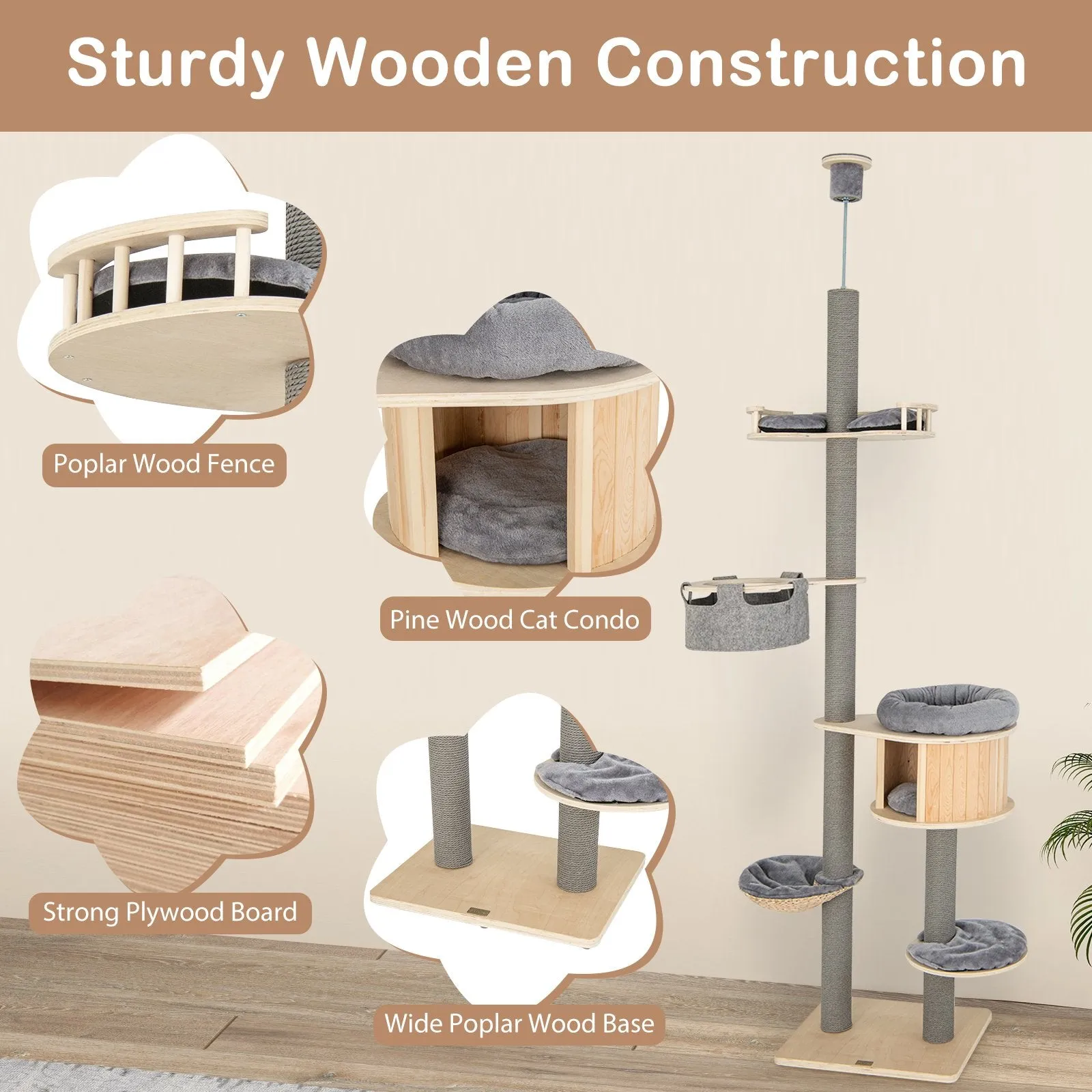 Floor to Ceiling Cat Tree with Adjustable Height for Indoor Cats-Natural