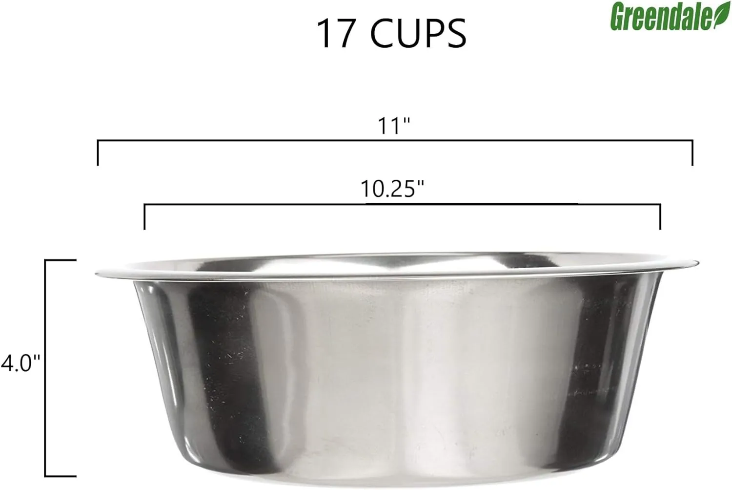 Greendale - 4 Pack - 17 Cup / 136 fl oz Capacity - Stainless Steel Metal Dog Bowls - Perfect for Dog Food and Water. Wrong Size? Click to Look at Our Size Options