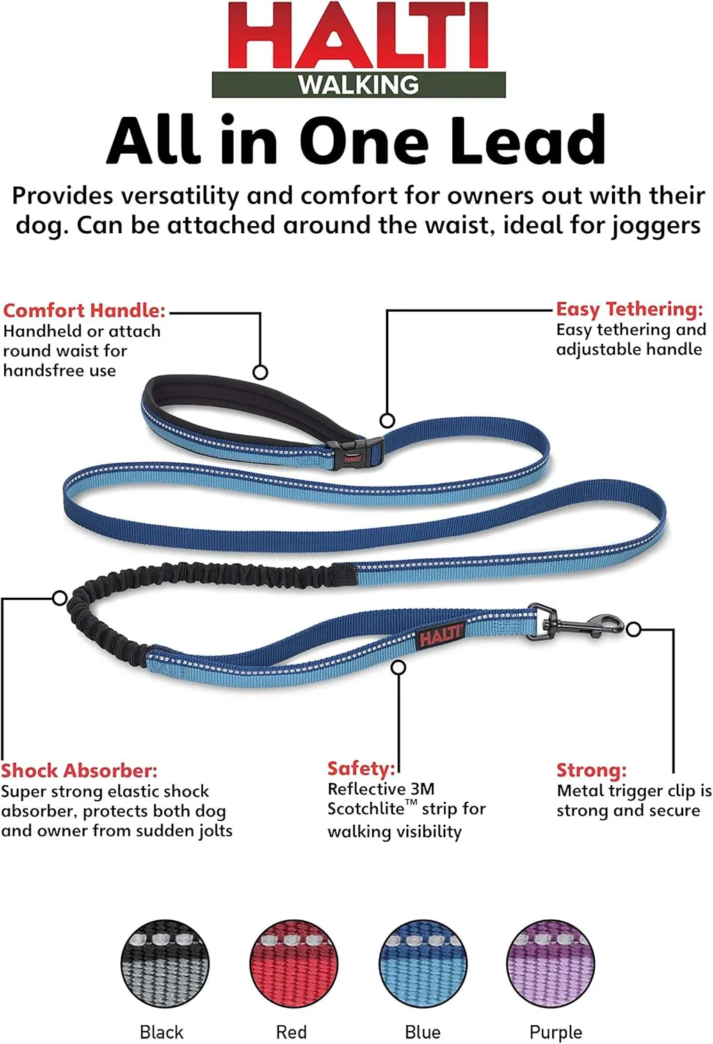 HALTI Active Leash - Award-Winning Bungee Dog Leash, Shock-Absorbing, All-in-One Neoprene Padded Belt & Lead, Perfect for Running & Training with Medium & Large Dogs (Size Large, Blue)