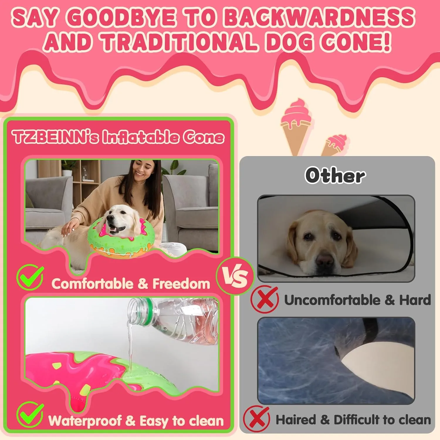 Inflatable Dog Pillow Cone Alternative After Surgery, Donut Soft Head/Neck Collar for Beagle Dachshund Medium Dogs, etc, Protective Comfortable E Collar Recovery Cone Does Not Block Vision
