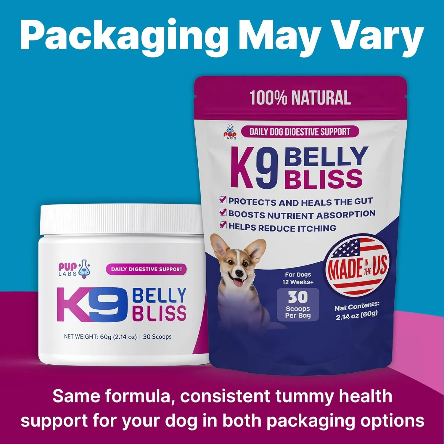 K9 Belly Bliss, All-Natural Gut Health for Dogs, Vet Approved Prebiotic for Dogs for Daily Digestive Support and Dog Constipation Relief, Easy to Use Topper for Dry and Wet Food, 30 Scoops.