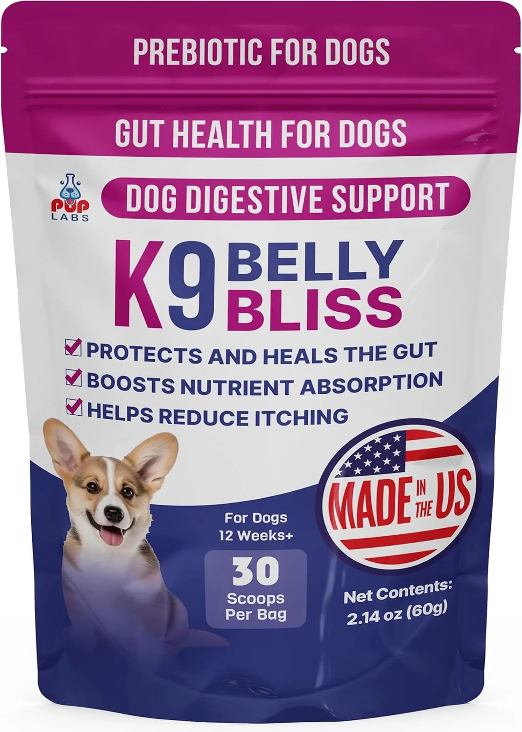 K9 Belly Bliss, All-Natural Gut Health for Dogs, Vet Approved Prebiotic for Dogs for Daily Digestive Support and Dog Constipation Relief, Easy to Use Topper for Dry and Wet Food, 30 Scoops.