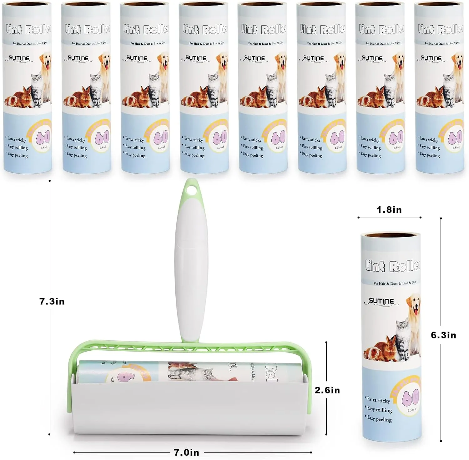 Lint Rollers, SUTINE Large Lint Roller for Pet Hair Extra Sticky 600 Sheets/10 Refills, 6.3" Sticky Roller for Removing Lint Pet Hair Dust in Furniture/Clothes/Carpet/Car Seat, Green