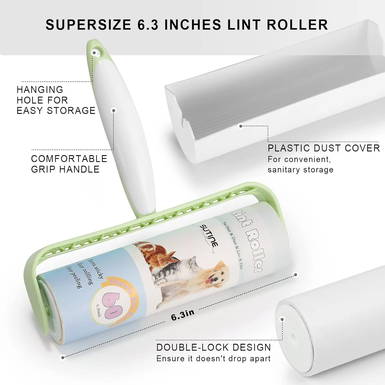 Lint Rollers, SUTINE Large Lint Roller for Pet Hair Extra Sticky 600 Sheets/10 Refills, 6.3" Sticky Roller for Removing Lint Pet Hair Dust in Furniture/Clothes/Carpet/Car Seat, Green