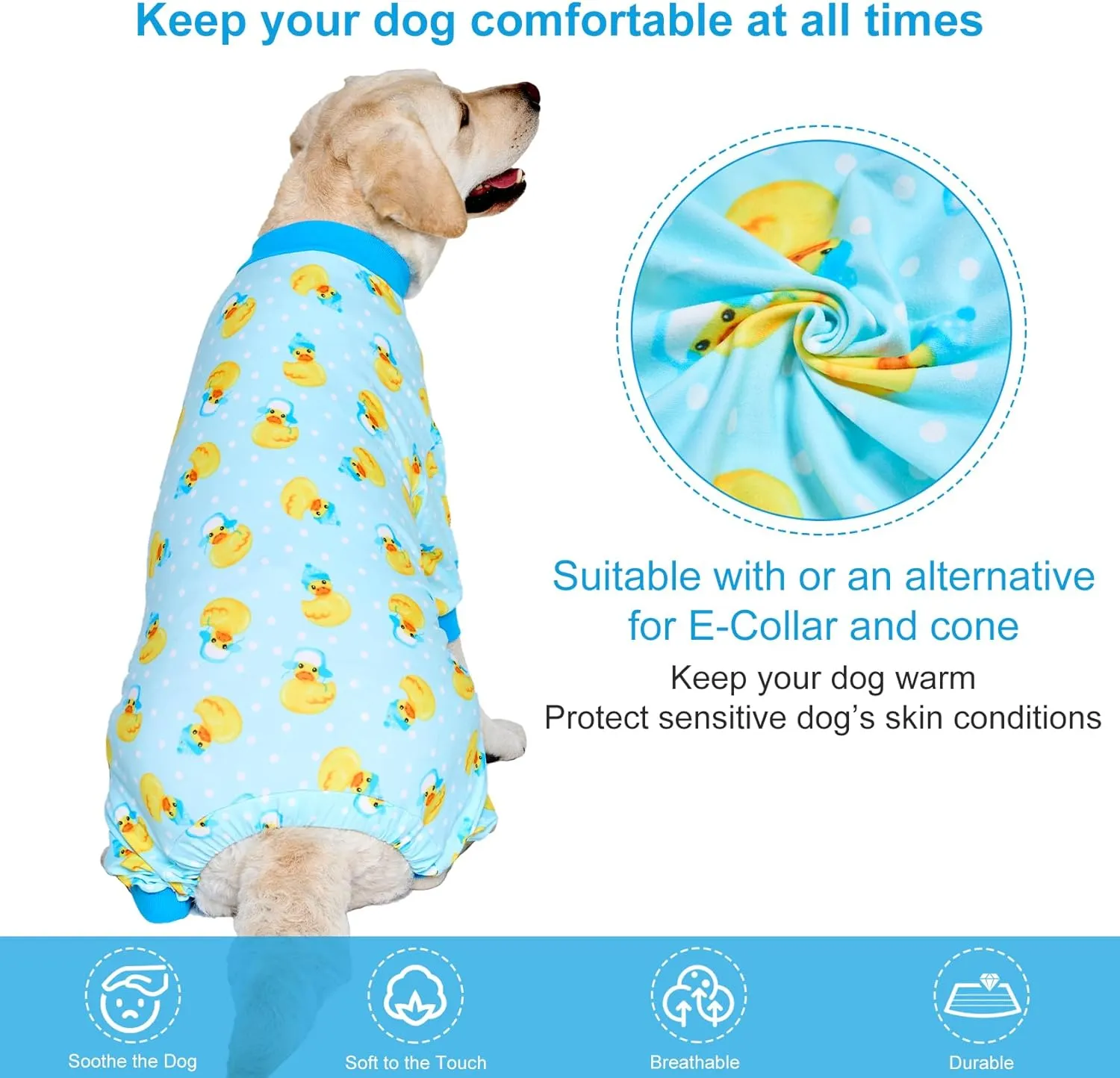 LovinPet Big Dog Wound Care/Surgery Recovery Shirt, Pet Anxiety Shirt, Lightweight Stretchy Knit Fabric, Rubber Ducks with Hats Blue Print Dog Pjs, Weimaraner Pajamas, Pet PJ's/Medium