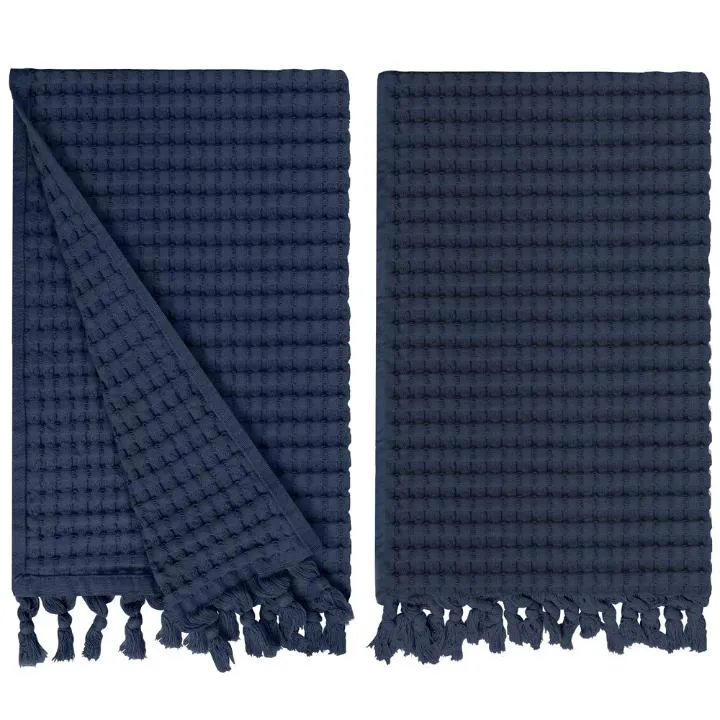 Midnight Blue Tassel Hand Towel Set of 2, Modern Style