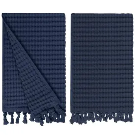 Midnight Blue Tassel Hand Towel Set of 2, Modern Style